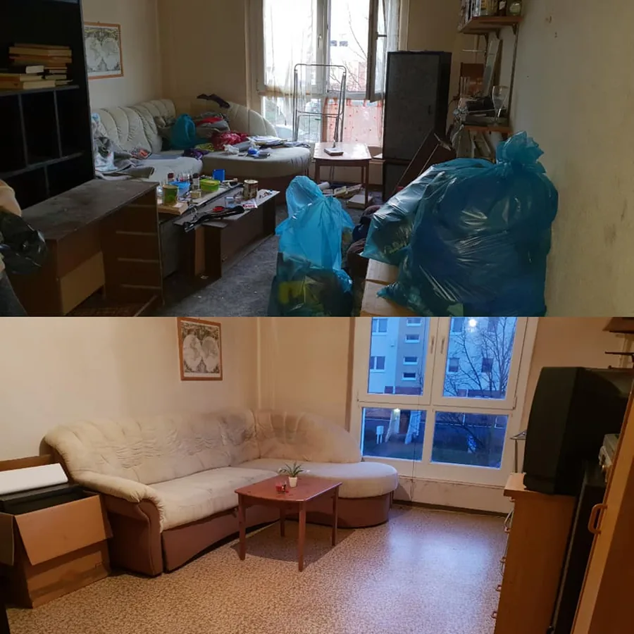 Vollgestelltes Wohnzimmer vor der Entrümpelung und derselbe Raum danach leergeräumt und gereinigt